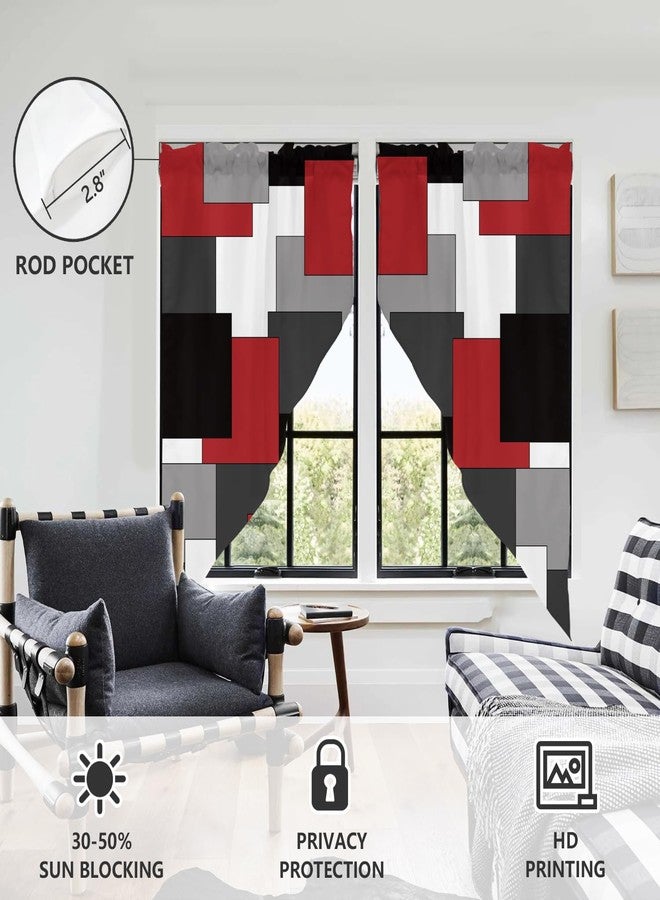 AAtter Red and Black Kitchen Valance Curtain for Window White Grey Gray Abstract Geometric Square Small Short Home Living Room Bedroom Bathroom Drape Fabric 1 Pair, 28" W x 36" L, Modern - Image 3